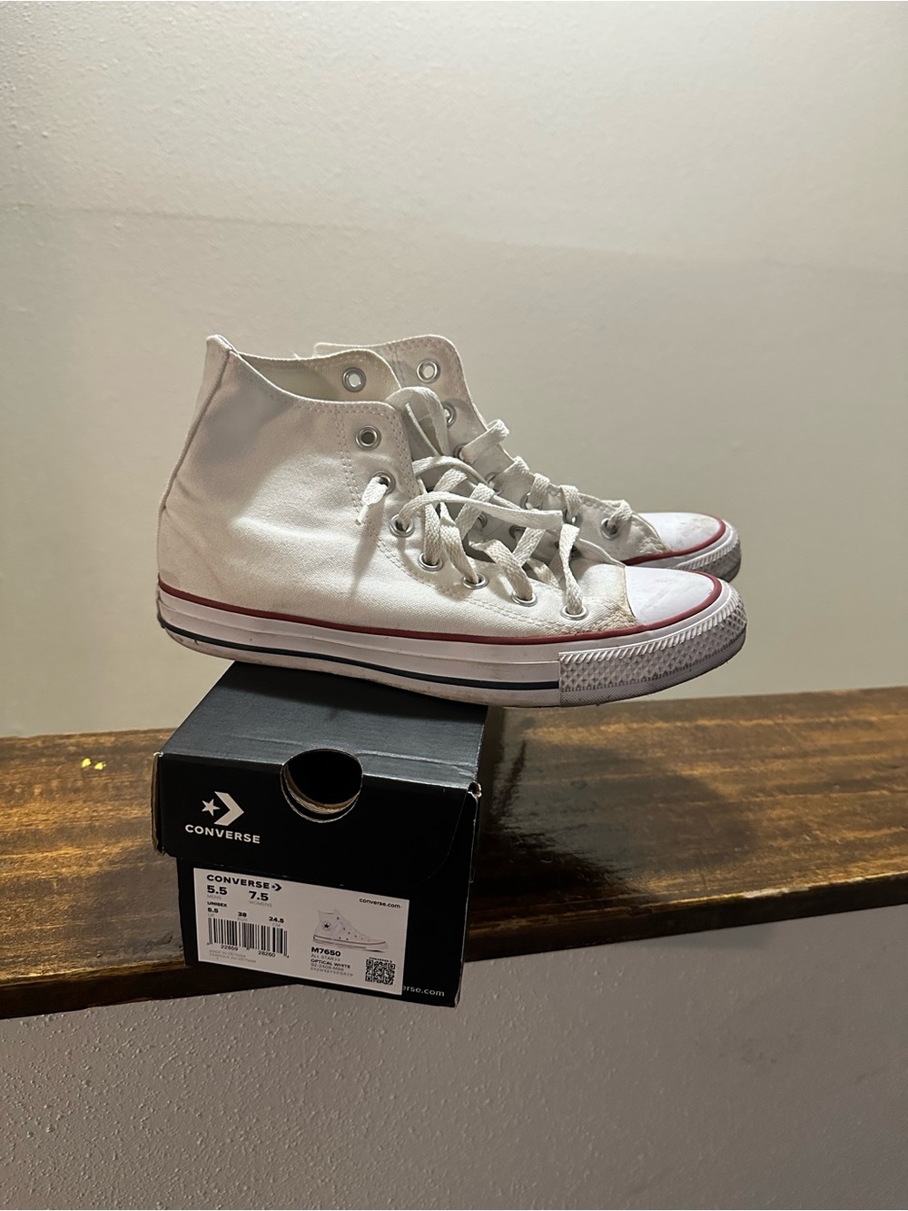 Converse White High Top' Sneakers with Red Stripe